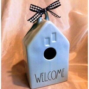 WELCOME BIRDHOUSE RAE DUNN Blue Handmade Pottery Home Decor-NEW